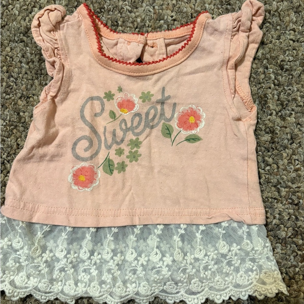 Pink and White Short Sleeve Tee with Floral Accents